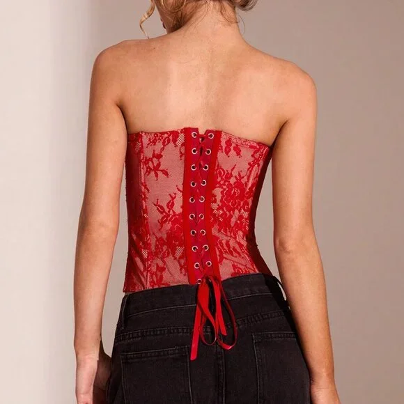 Red Elegant Women's Floral Lace Bandeau Crop Top Red Elegant Women's Floral Lace Bandeau Crop Top